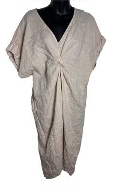 Venti6 women’s small 100% linen beige tan dress Italian twist front high front